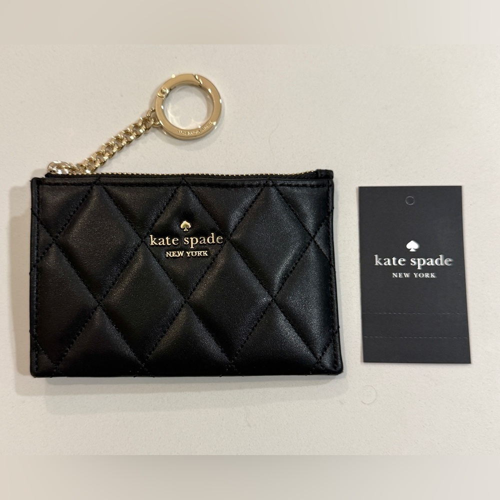 Kate Spade Black Quilted Leather Card Holder with Gold Keyring NWT